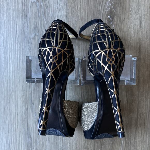 Sam Edelman Stiletto Heel Sz 7 Black Suede Gold Peep Toe Ankle Strap - Picture 6 of 14